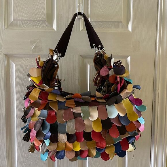 Patchwork & Fringe Multicolor Leather Slouch large Shoulder silver tone hardware - Picture 1 of 15